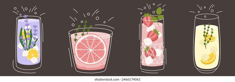 Colección con limonada de diferentes sabores y varias Formas de vasos. Limón y tomillo, lavanda, pomelo y fresa. Ilustración vectorial en contorno y estilo de color plano sobre fondo oscuro