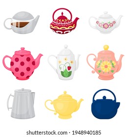 collection of different teapots. Cartoon style. Vector illustration. Isolated on white.