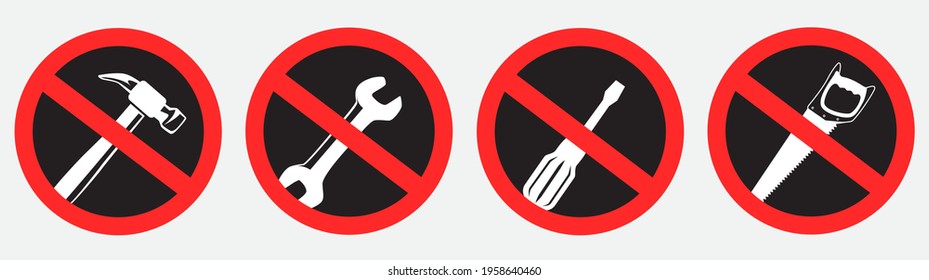 Collection of different tools prohibition sign on gray background. Do not use wrench screwdriver saw hammer dark symbol sticker