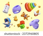 Collection with different toys and clothes for children. 3d teddy bear, educational pyramid, clothes and products for children care. Vector illustration in 3d style