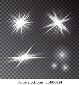Collection of  different transparent glowing flash light effects.  Set of bright stars, lens flares, explosions, rays, sparkles,  burst.  Vector texture.  