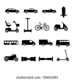 Collection of different transport icons in flat style, isolated. Set of city transportation silhouettes.