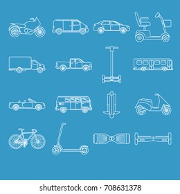 Collection of different transport icons in line art style, isolated on blue background. City transportation symbols set.