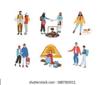 Collection of different travelling people vector flat illustration. Set of man and woman reading map, walking, spending time at campsite or near campfire isolated. Tourists enjoy travel or adventure