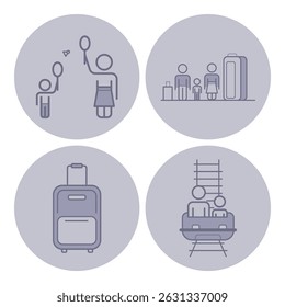 Collection of different travel-related activities, including family playing badminton, waiting at station, and enjoying rides. Ideal for travel-themed projects