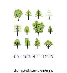 Collection of different trees and bushes in cartoon flat style. Set of simple vector abstract forest plants for the design of textile, fabric, wallpaper