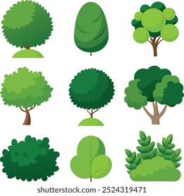 A collection of different trees including one that has a green leafy plant
