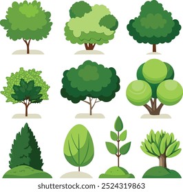 A collection of different trees including one that has a green leafy plant