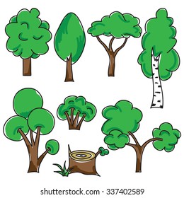 collection of different trees on a white background