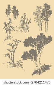 Collection of different trees sketching. Set of sketching trees silhouette
