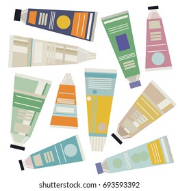 A collection of different tubes for the hygiene of the face, body, hands, hair. Isolated on white background. Tooth-paste, hand cream, shaving cream, sunscreen, medicine, wax, oil.