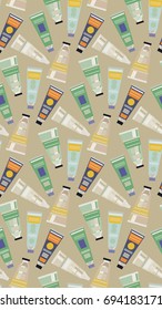 A collection of different tubes for the hygiene of the face, body, hands, hair. Isolated on white background. Tooth-paste, hand cream, shaving cream, sunscreen, medicine, wax, oil.