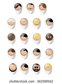 Collection of different type of cartoon persons in location pin.