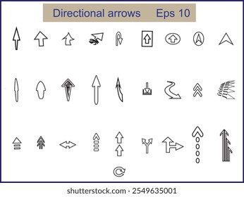  Coleção de diferentes tipos de setas direcionais em forma de vetor em preto e branco fundo