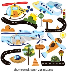 Collection different types of air transportation, helicopter, road, traffic light, clouds and tree. Cartoon icons on white background. Vector illustration.