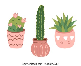 Collection of different types of cacti in pink pots. Succulents. Colorful botanical set on a white background. Vector illustration in doodle style