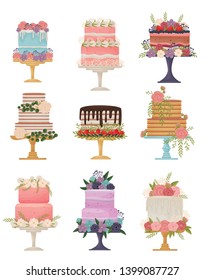 Collection of different types of cakes on a stand. Vector illustration on white background.