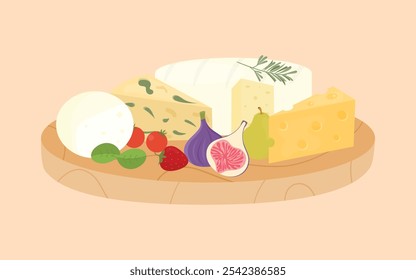 Recolha de diferentes tipos de queijo em placa de madeira. Cheddar, Brie, Mozzarella, Parmesan, Camembert, Maasdam e Roquefort. Conjunto de queijo de fazenda saboroso com frutas. Ilustração vetorial.