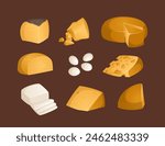 Collection of different types of cheeses on a brown background. Vector illustration. Colorful and bright set in realistic style. Feta, parmesan, brie and other hard and soft cheeses. Ideal for posters