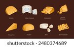 Collection of different types of cheeses on a brown background. Vector illustration with text. Ideal for posters and banner, menu of cafe and shops. Colorful and bright set in realistic style. Brie