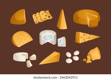 Collection of different types of cheeses on a brown background. Vector illustration. Colorful and bright set in realistic style. Gouda, parmesan, brie and other hard and soft cheeses. Ideal for