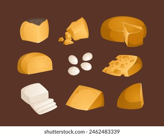 Colección de diferentes tipos de quesos sobre fondo marrón. Ilustración vectorial. Conjunto colorido y brillante en estilo realista. Feta, parmesano, brie y otros quesos duros y blandos. Ideal para carteles