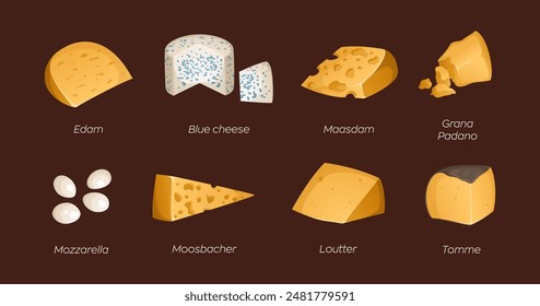 Collection of different types of cheeses on a brown background. Vector illustration with text. Ideal for posters and banner, menu of cafe and shops. Colorful and bright set in realistic style. Brie