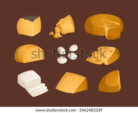 Collection of different types of cheeses on a brown background. Vector illustration. Colorful and bright set in realistic style. Feta, parmesan, brie and other hard and soft cheeses. Ideal for posters