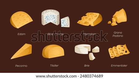 Collection of different types of cheeses on a brown background. Vector illustration with text. Ideal for posters and banner, menu of cafe and shops. Colorful and bright set in realistic style. Brie