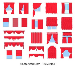 Collection of different types of curtains - classic,horizontal and vertical blinds,Roman,draped,tulle. Big set of curtains on the windows isolated on white background. Stock Vector illustration.