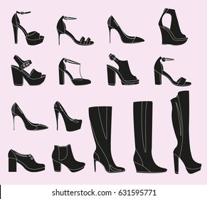 Collection of different types fashionable women's shoes. Footwear silhouettes icon set on light background. Vector illustration.