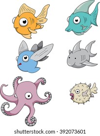 A collection of different types of fish in cartoon form
