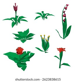 A collection of different types of flowers, including roses, lilies, and daisies. The flowers are all green and are arranged in various positions