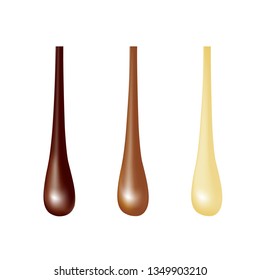 Collection of different types of flowing chocolate. White, milk, dark. Set of drops. 