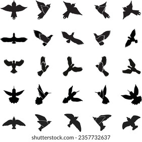 Collection of different types of flying bird icons,silhouettes,sides,positions,shape,design,cutout.Vector stock illustration set.Wildlife icon collection.Use for banner,wallpaper,card,brochure.