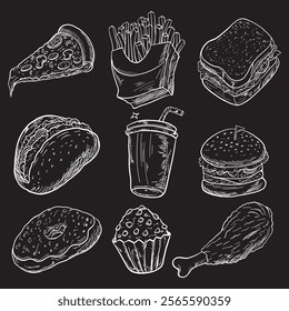 Collection of Different Types of Food in Chalk Style