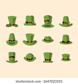Collection of different types of green hats displayed against a light beige background.  The hats are in various styles and shapes.  They are simple and cartoonish in style,