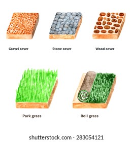 Collection of different types of ground cover, landscape design set of grass, wood, stone, gravel cover made in watercolor technique, outdoor interior