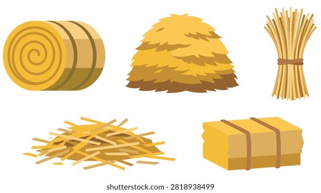 Collection of different types of hay and straw, including bales, bundles, and loose piles. Essential for farming and animal feed.