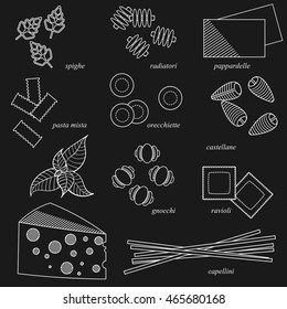 Collection of different types of Italian pasta. Italian pasta set