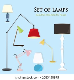 Collection of different types of lamps. Flat style vector illustration.