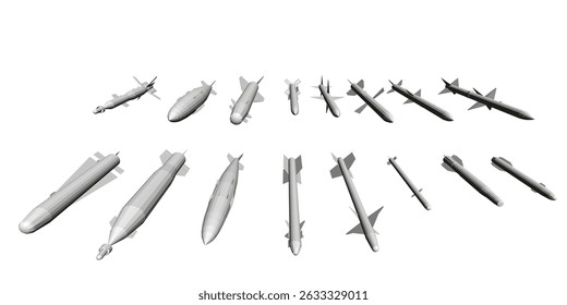 A collection of different types of missiles and bombs are shown in various sizes and shapes. Concept of military power and destruction, as these weapons are designed for warfare and destruction