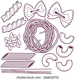 Collection of different types of pasta. Farfalle, penne, spaghetti, macaroni, orzo and fusilli. Vector black and white illustration