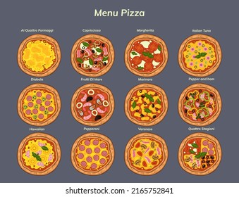 Colección de diferentes tipos de pizza. Gráficos vectoriales.