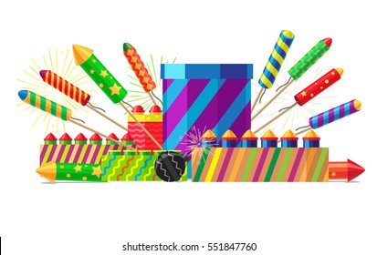 Collection of different types of pyrotechnics on white. Vector illustration of colourful firework rockets in cartoon style flat design. New Year attributes Christmas decorations firecrackers.