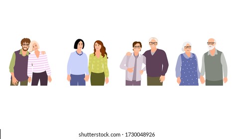 Collection of different types of romantic relationships and marriage - polygyny, interracial, lgbt and elderly couples isolated on white background. Love diversity. Flat cartoon vector illustration.