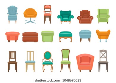 Collection of different types seating. Armchairs, chairs, poufs. Comfortable furniture. Elements for modern home interior. Colorful flat vector icons