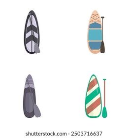 Collection of different types of surfboards and paddles in flat design, ready for summer adventures