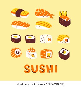 Collection with Different Types of Sushi and Rolls. Hand Drawn Vector Elements. 