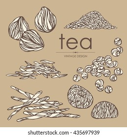 Collection of different types of tea . hand drawn